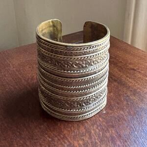 Vintage Brass Tribal Cuff Bracelet | Wide Etched Boho Statement Bangle